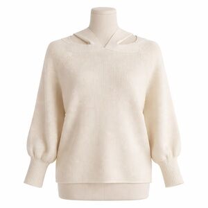 Zara Cream Rib Knit Cutout Sweater S Puff Sleeve Ivory Minimalist